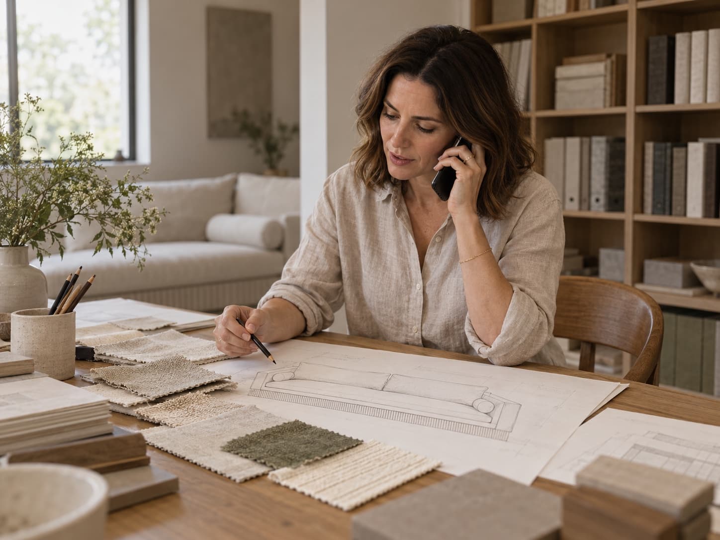 A designer on the phone sketching a sofa beside fabric swatches