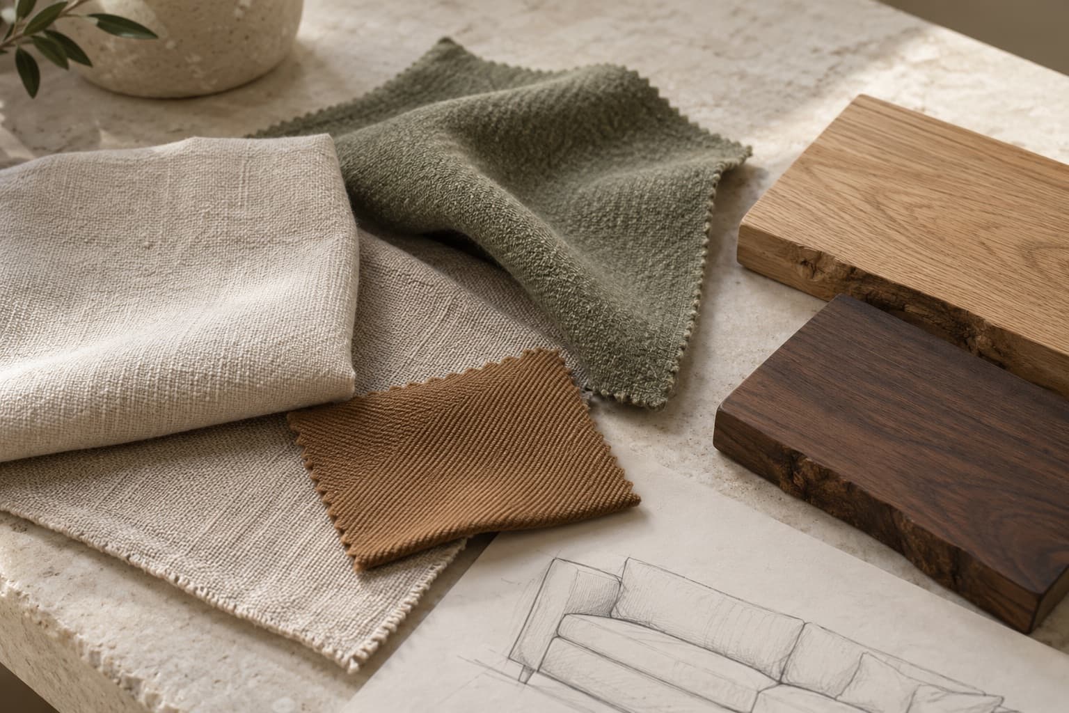 A pencil sketch of a sofa beside fabric swatches and wood samples
