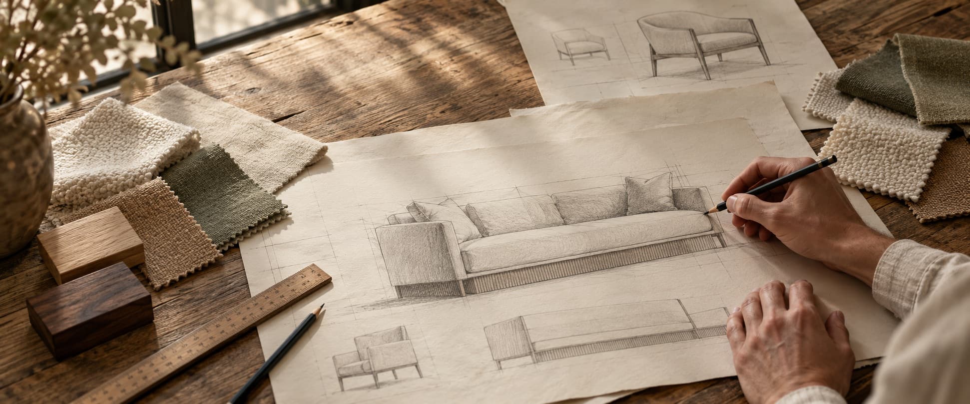 A maker sketching a sofa at a worktable among linen and textured wool swatches, oak and walnut samples and a brass ruler