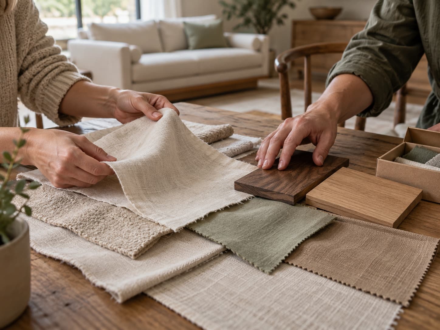 Two people comparing linen, textured cream and moss swatches and oak and walnut samples at a dining table