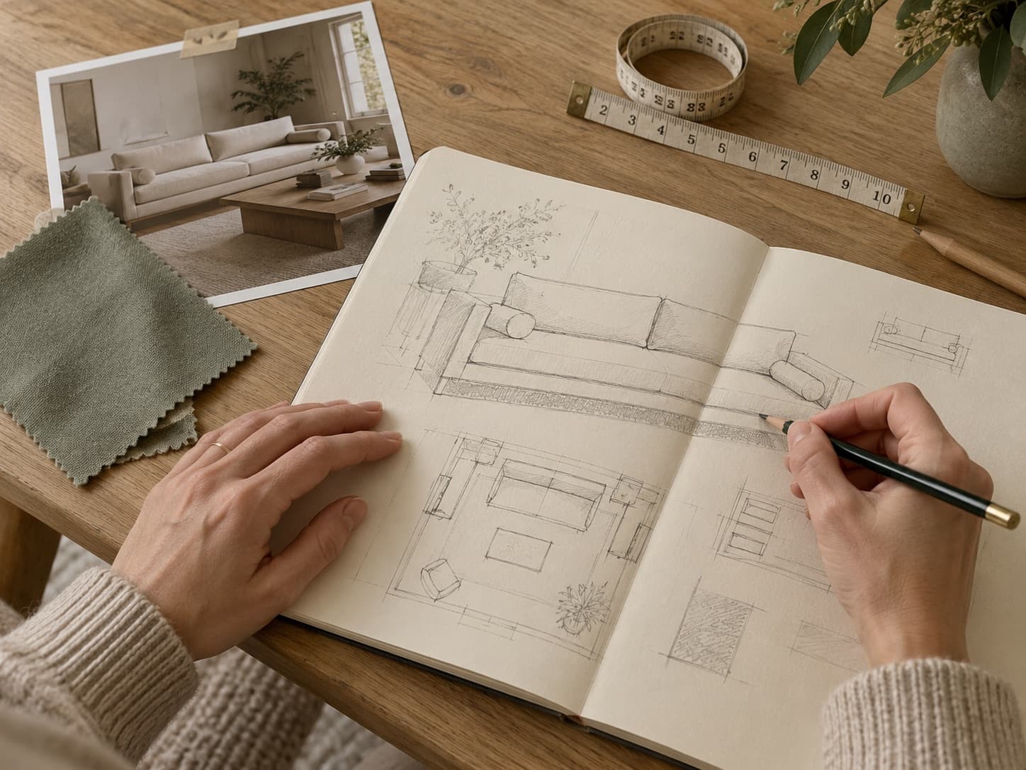 Hands sketching a sofa and room plan in a notebook beside a reference photo, a moss swatch and a tape measure