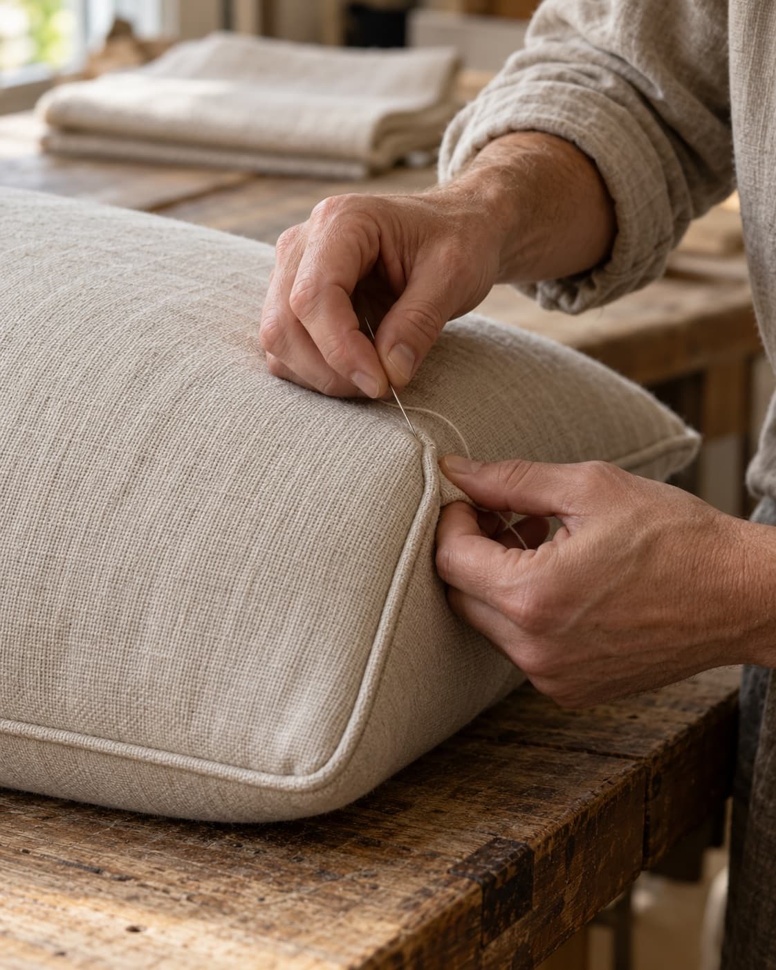 Hands stitching the piped edge of a linen cushion on a workshop bench