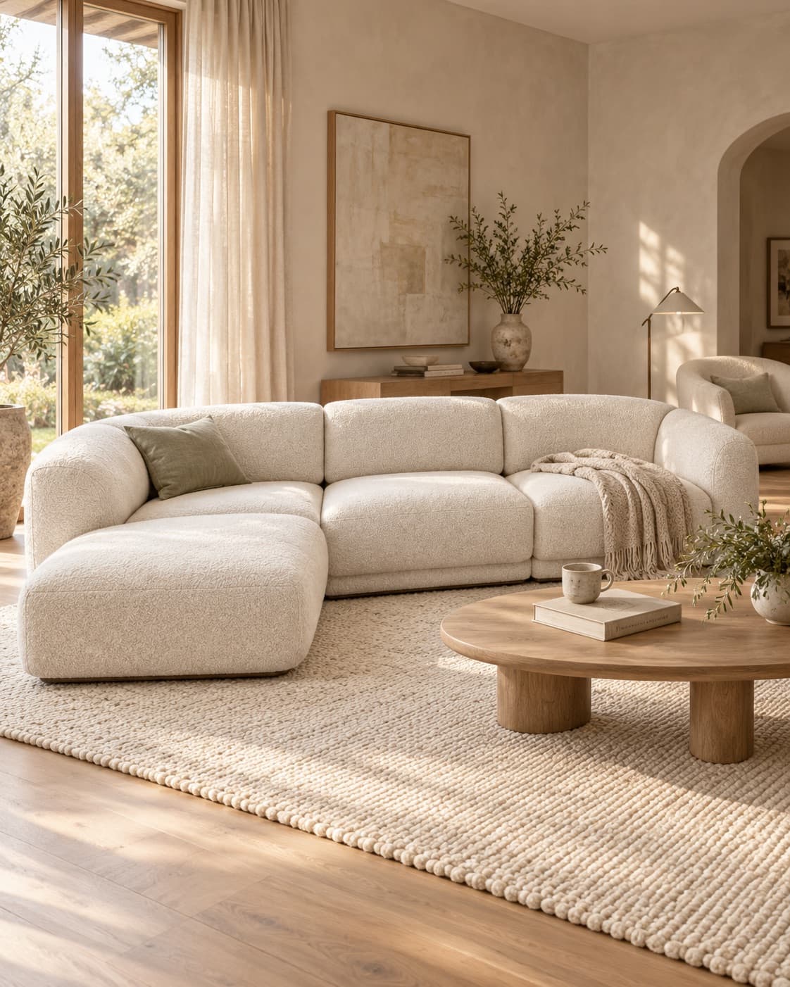The Cotswold sectional in a textured cream fabric in a sunlit living room