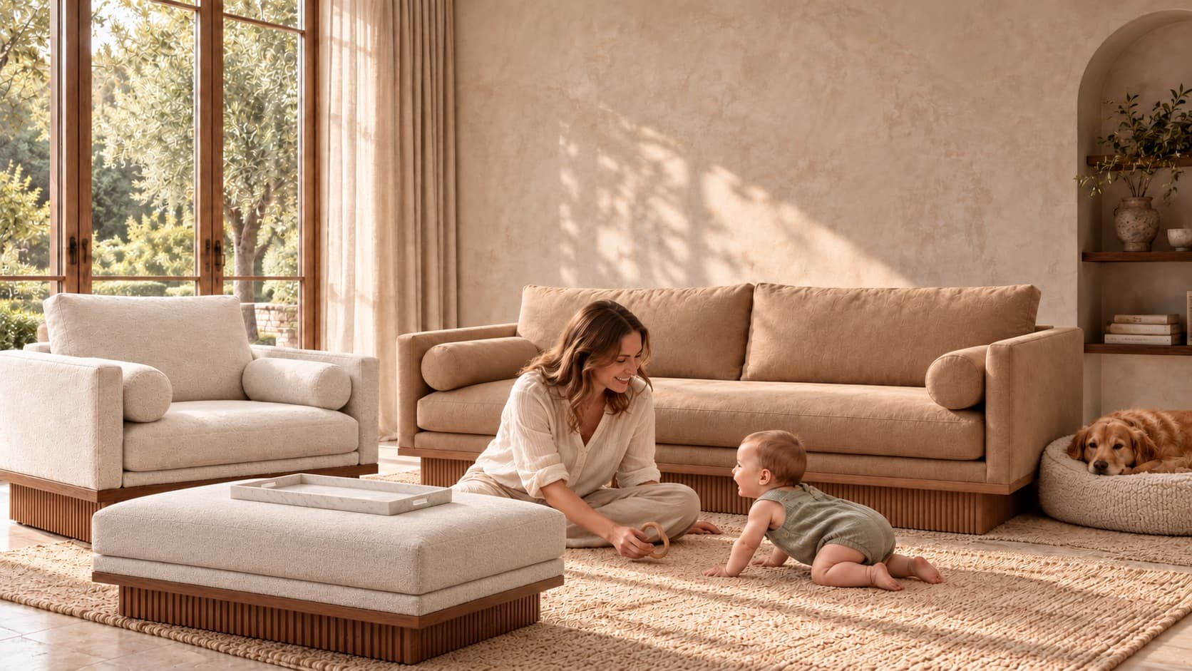 A mother playing with her baby on a wool rug beside a sofa, armchair and ottoman on fluted wood plinths, a golden retriever asleep nearby
