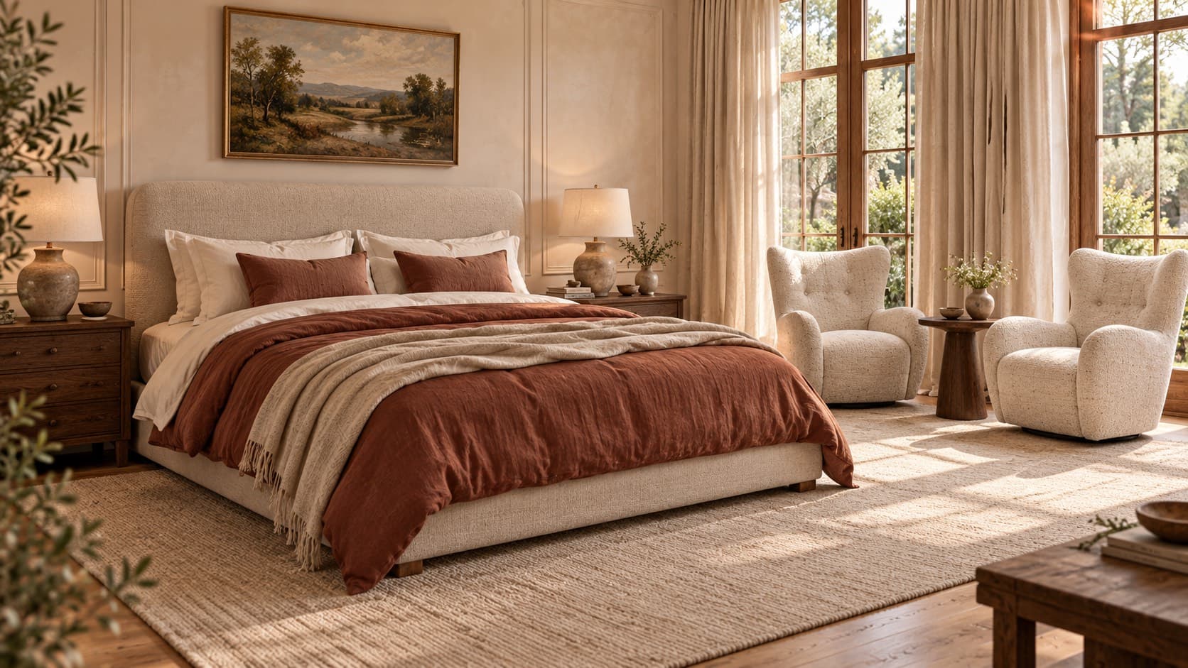 A sunlit bedroom with an upholstered bed in rust linen bedding and a pair of textured cream wingback chairs
