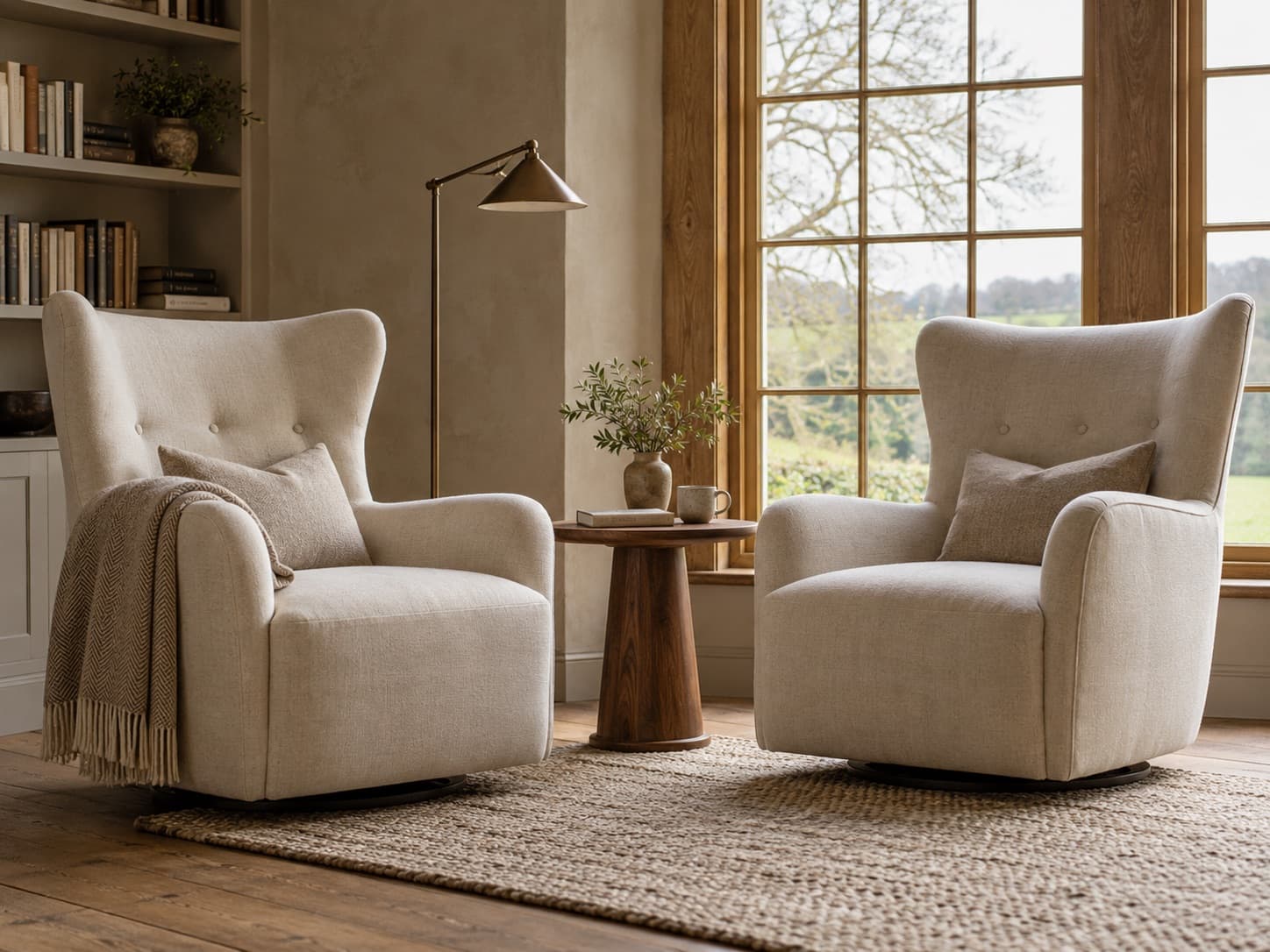 A pair of linen wingback reading chairs by a window, a walnut side table between them