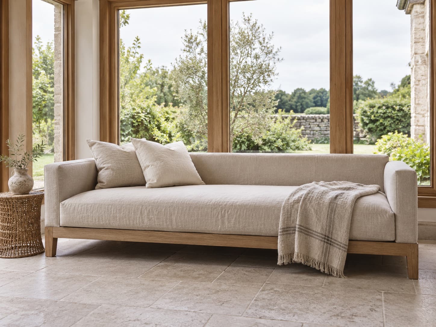 A deep linen daybed on an oak frame in a garden room with tall oak windows