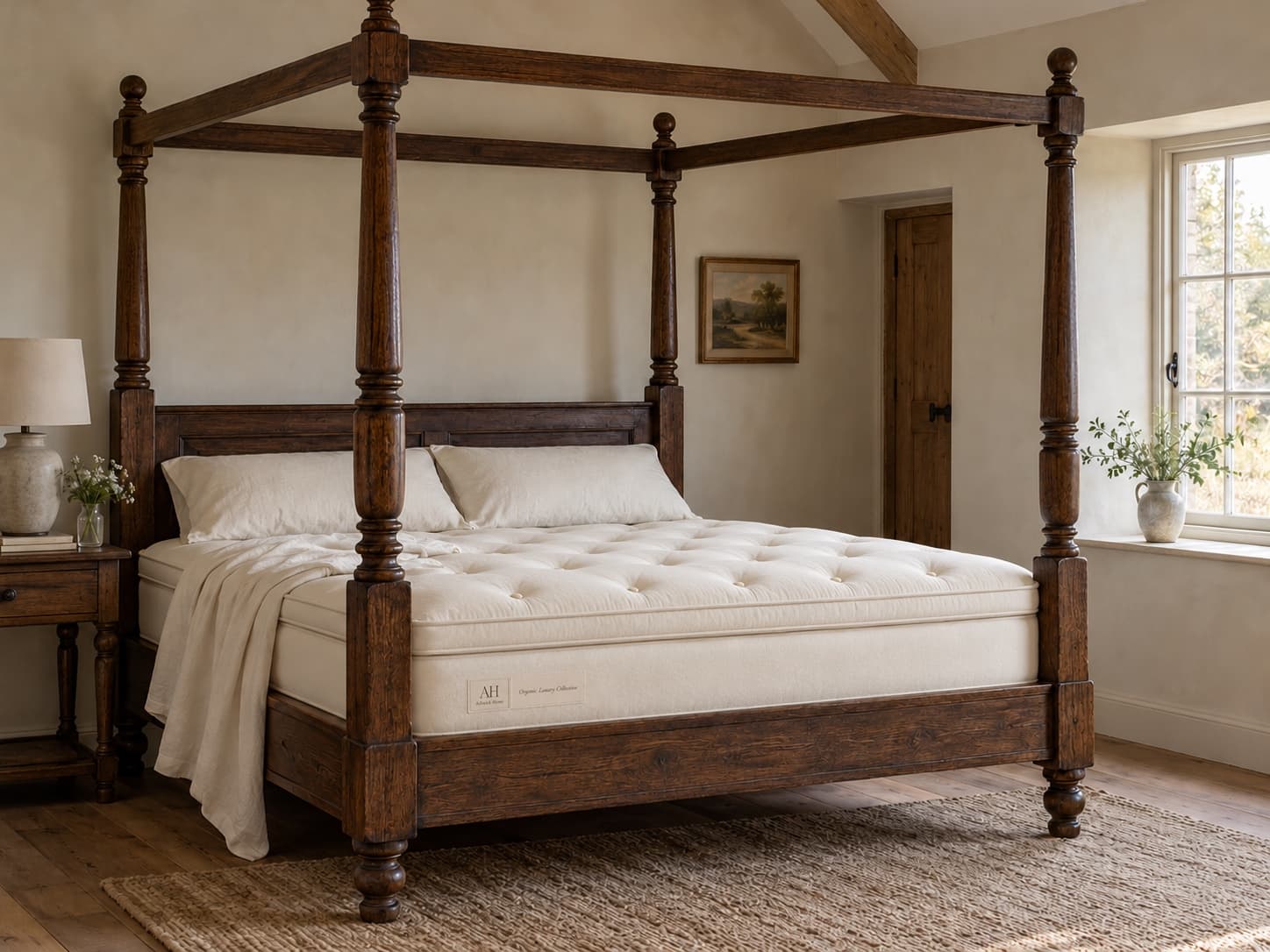 A cream tufted Ashbury with its Ashwick Home label, fitted into an antique dark oak four-poster bed
