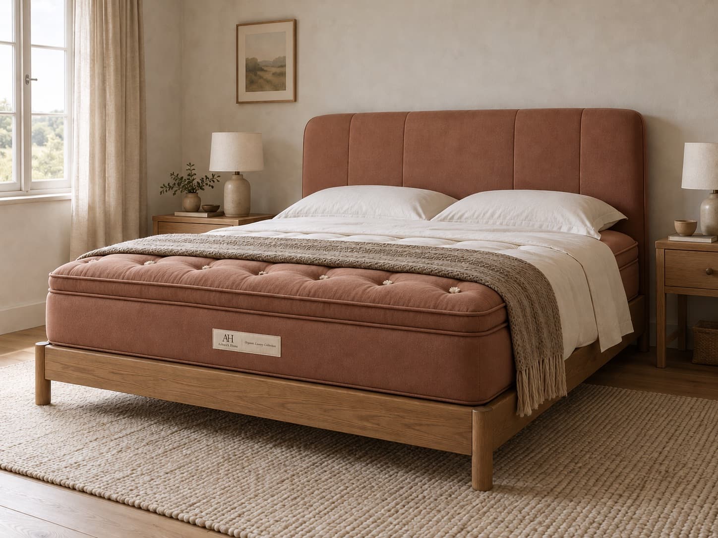 A Sorrel cotton headboard behind a matching tufted Ashbury with its Ashwick Home label, on an oak bed frame