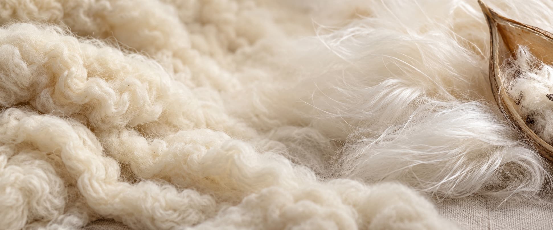 Curled cream wool and fine white natural fiber on linen, soft focus