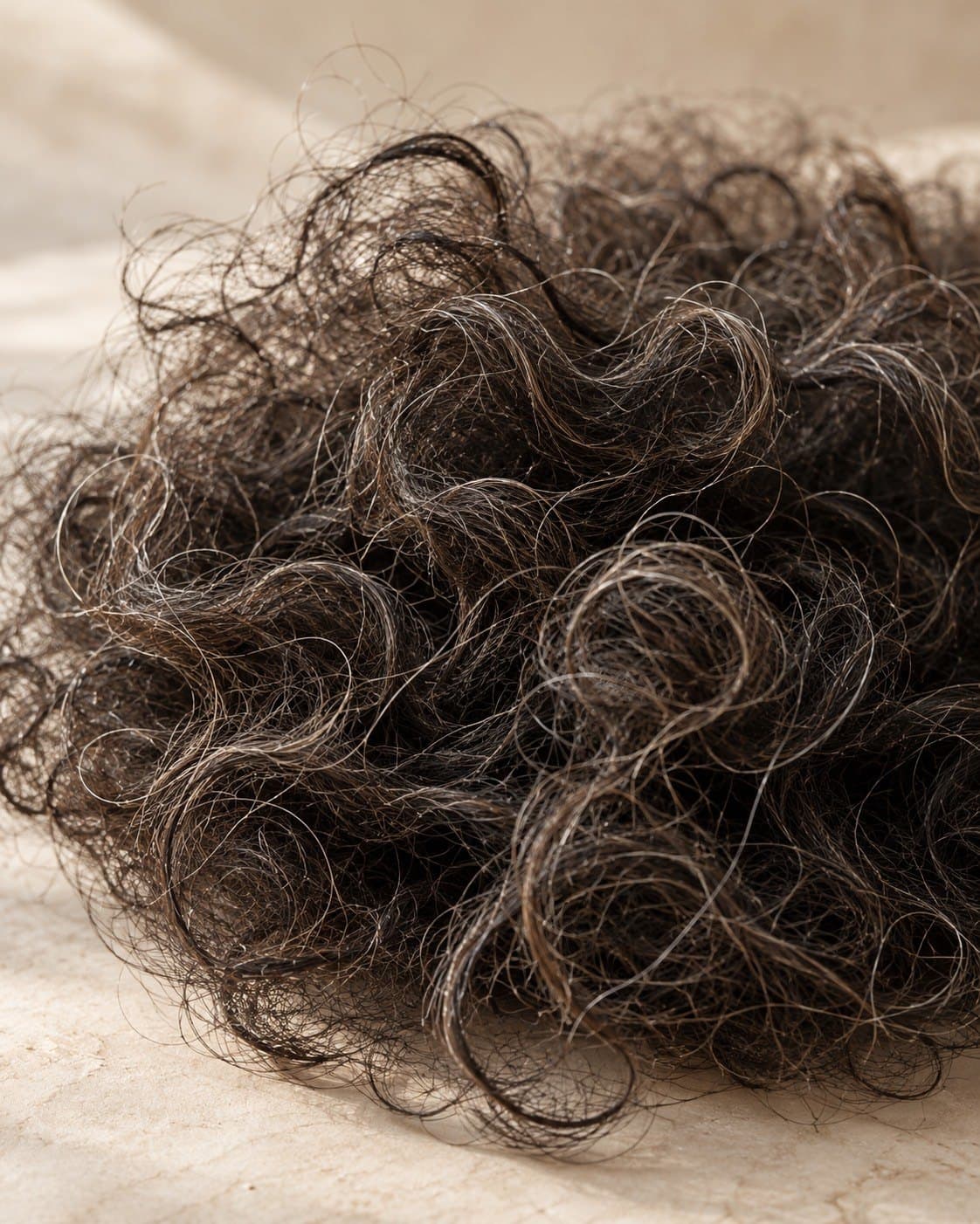 Curled dark horsehair strands on a warm stone surface