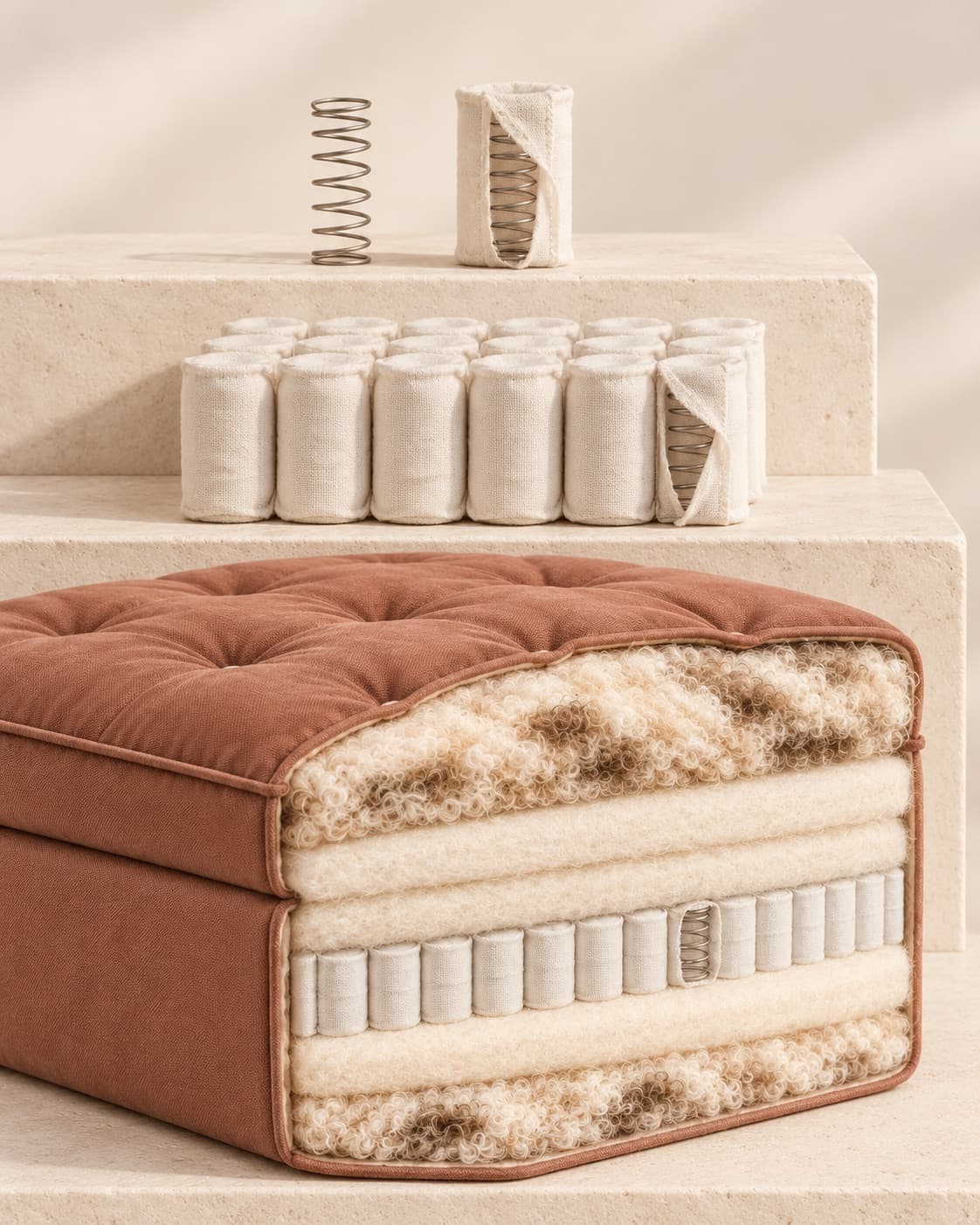 A bare steel coil and cotton-wrapped pocket coils on stone steps above a cutaway of the Ashbury
