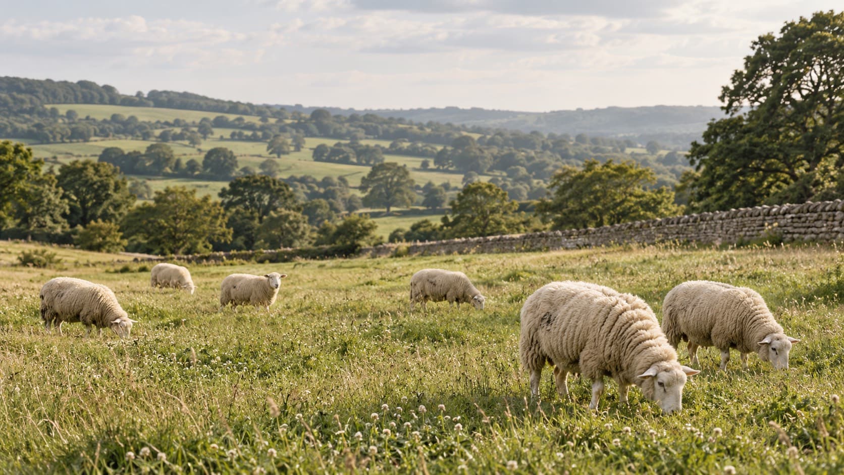 Sheep grazing in a meadow by a dry stone wall, rolling green countryside beyond