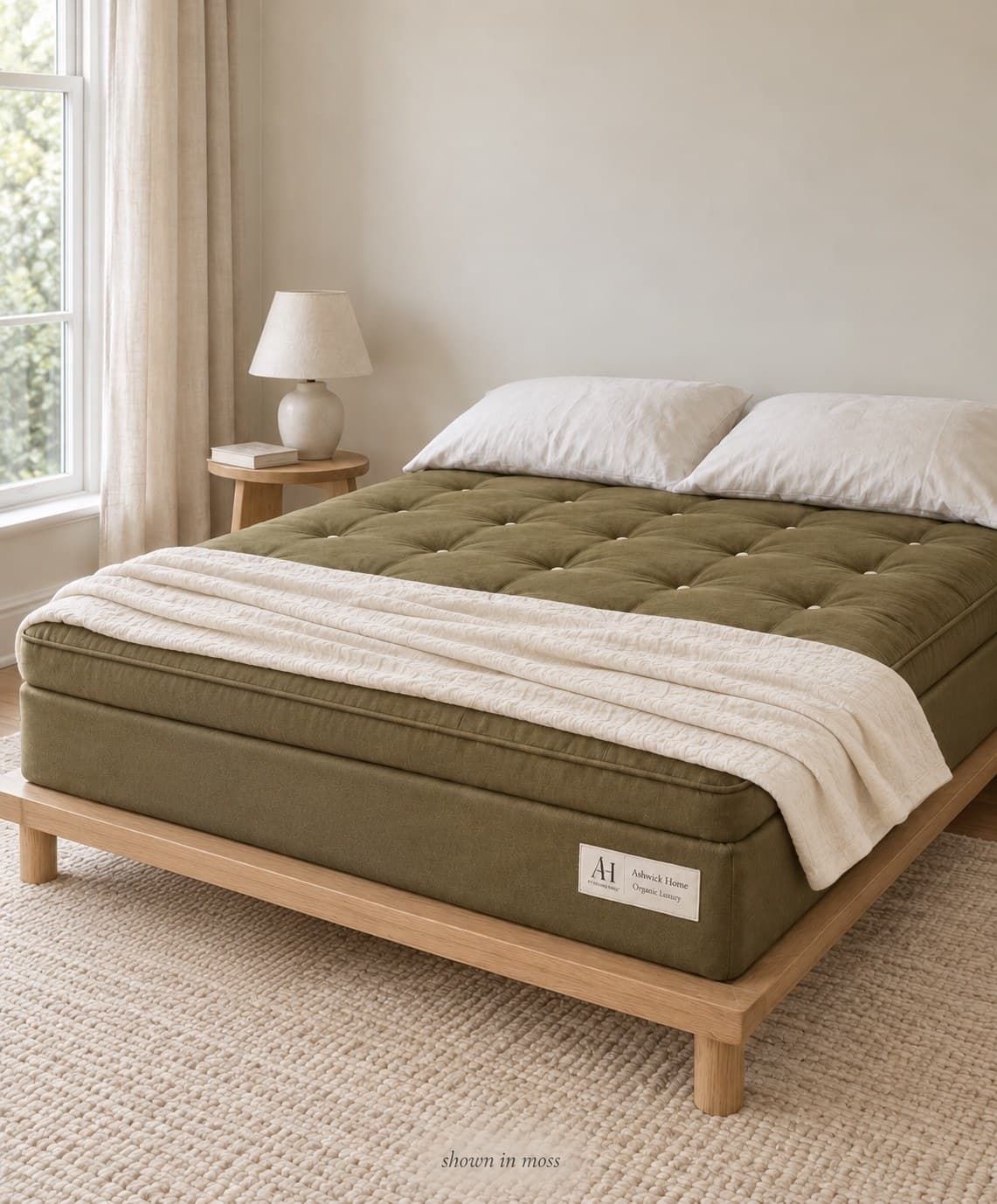 The Ashbury in Moss, shown in a sunlit bedroom.
