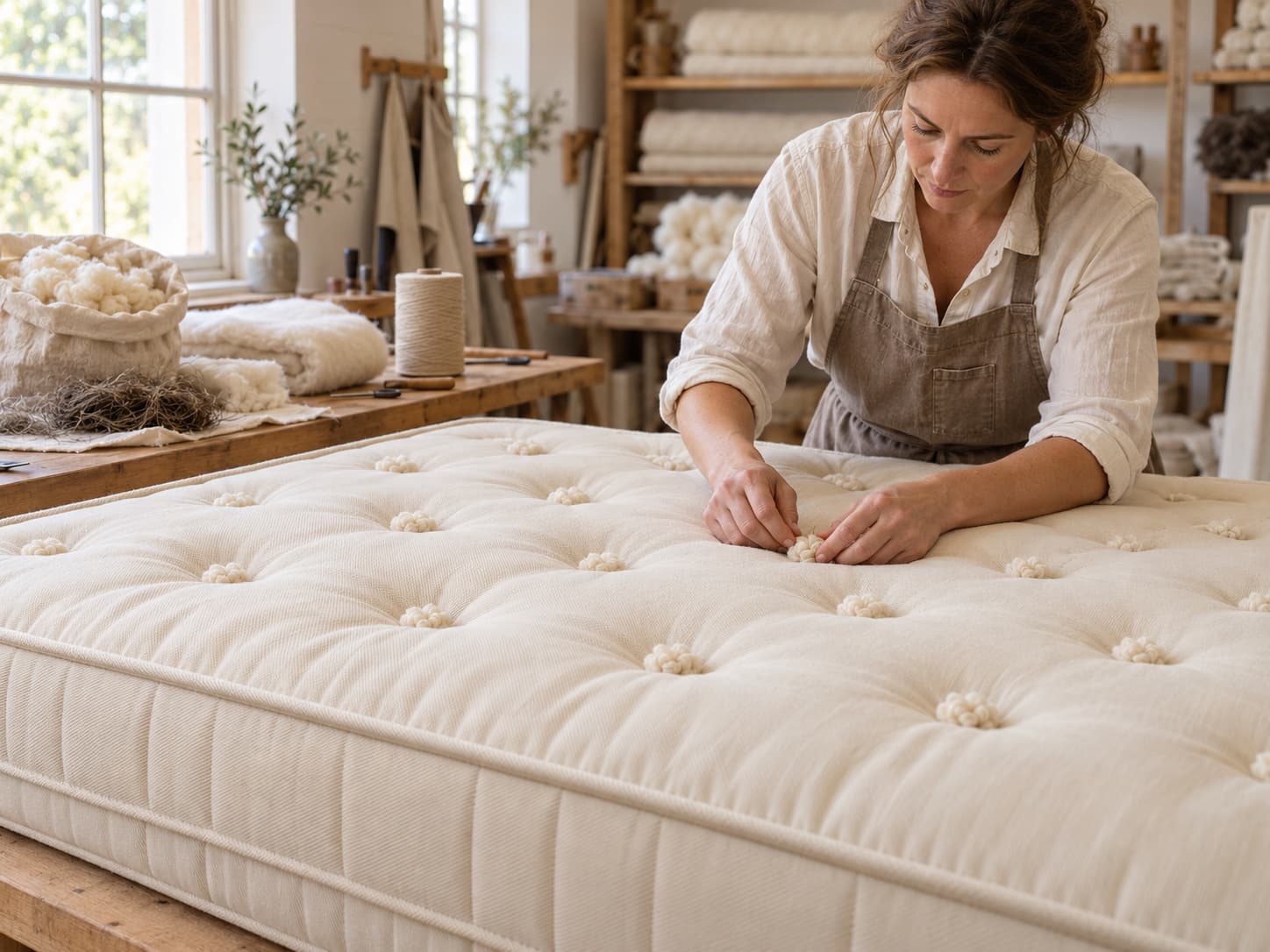A maker hand-tying wool rosettes on an Ashbury in the workshop